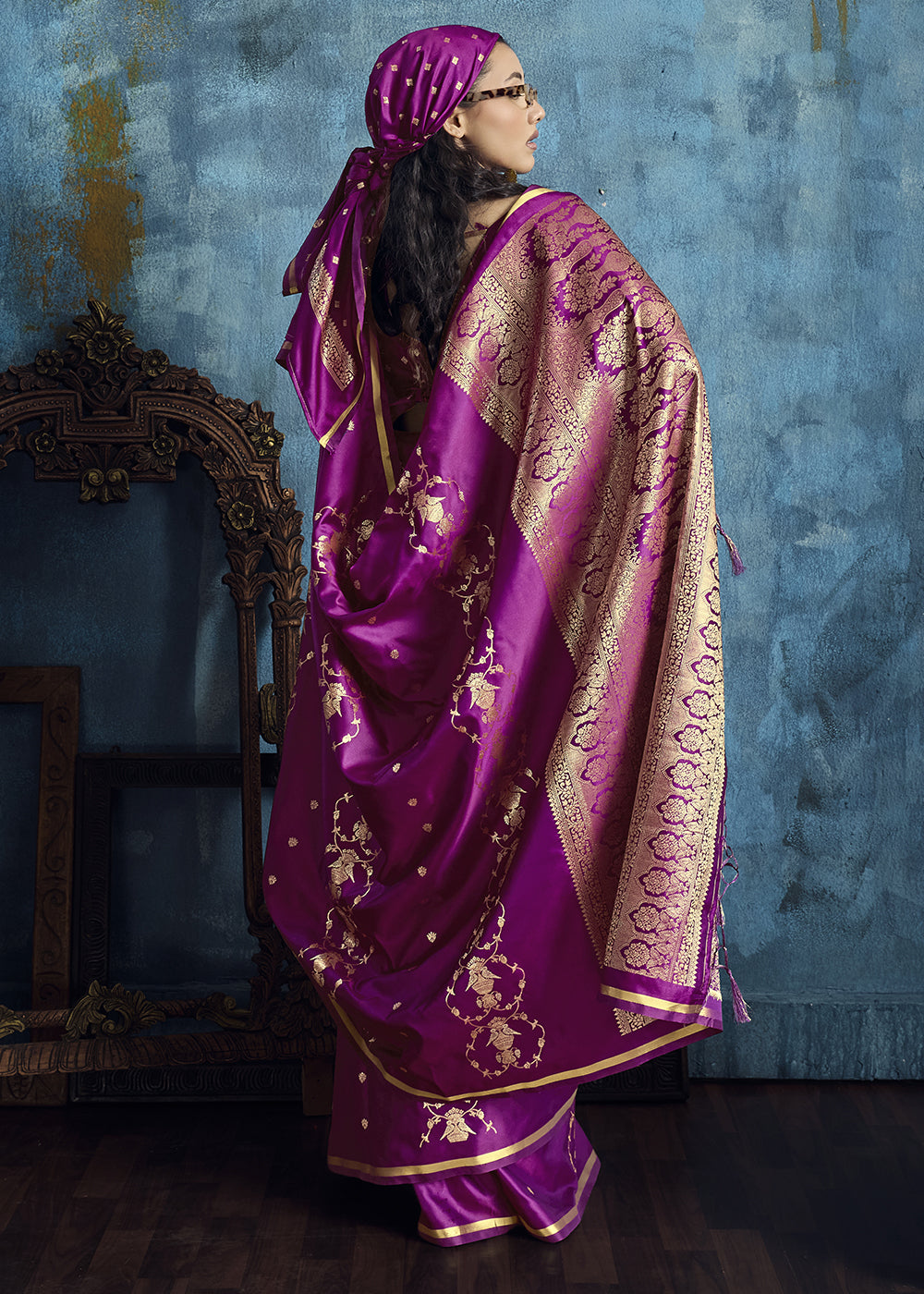 Magenta Satin Silk Saree with Zari Weaving