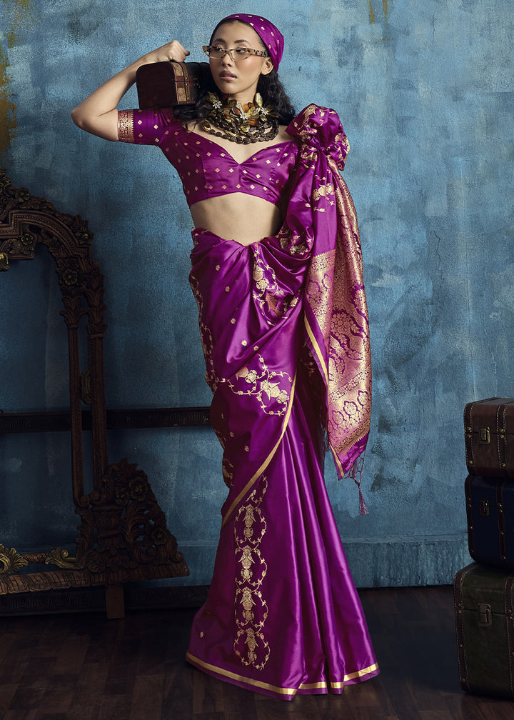 Magenta Satin Silk Saree with Zari Weaving