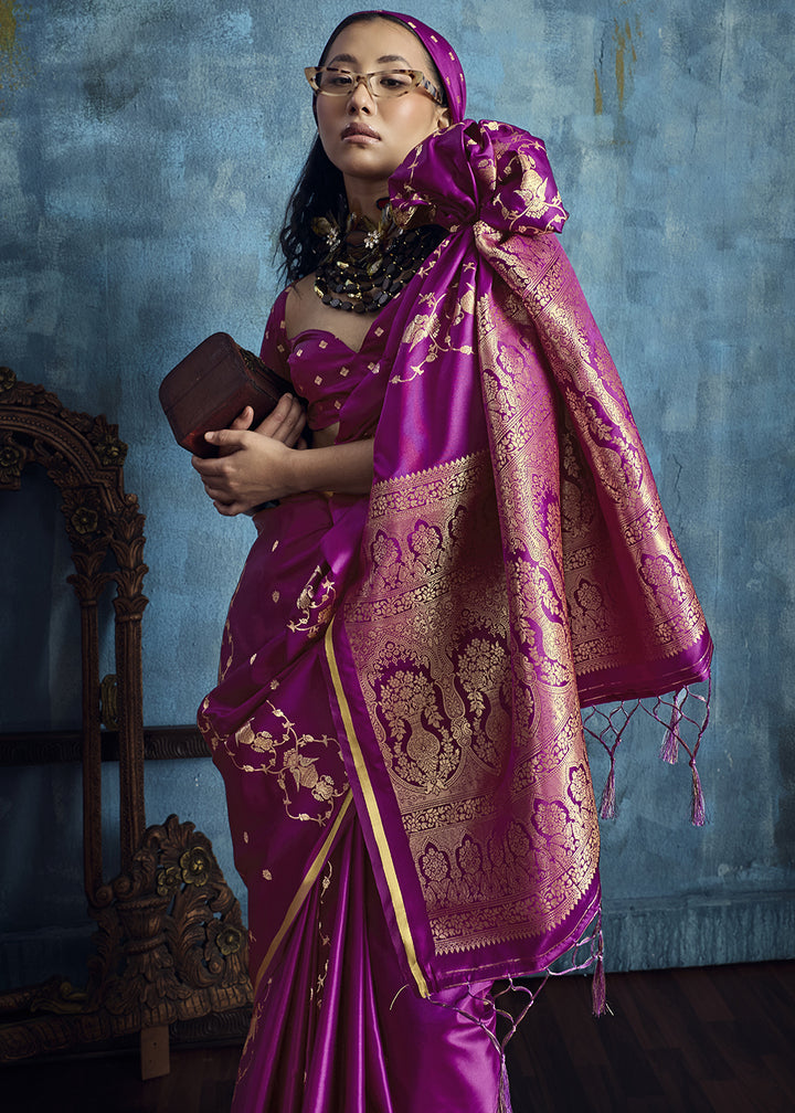 Magenta Satin Silk Saree with Zari Weaving