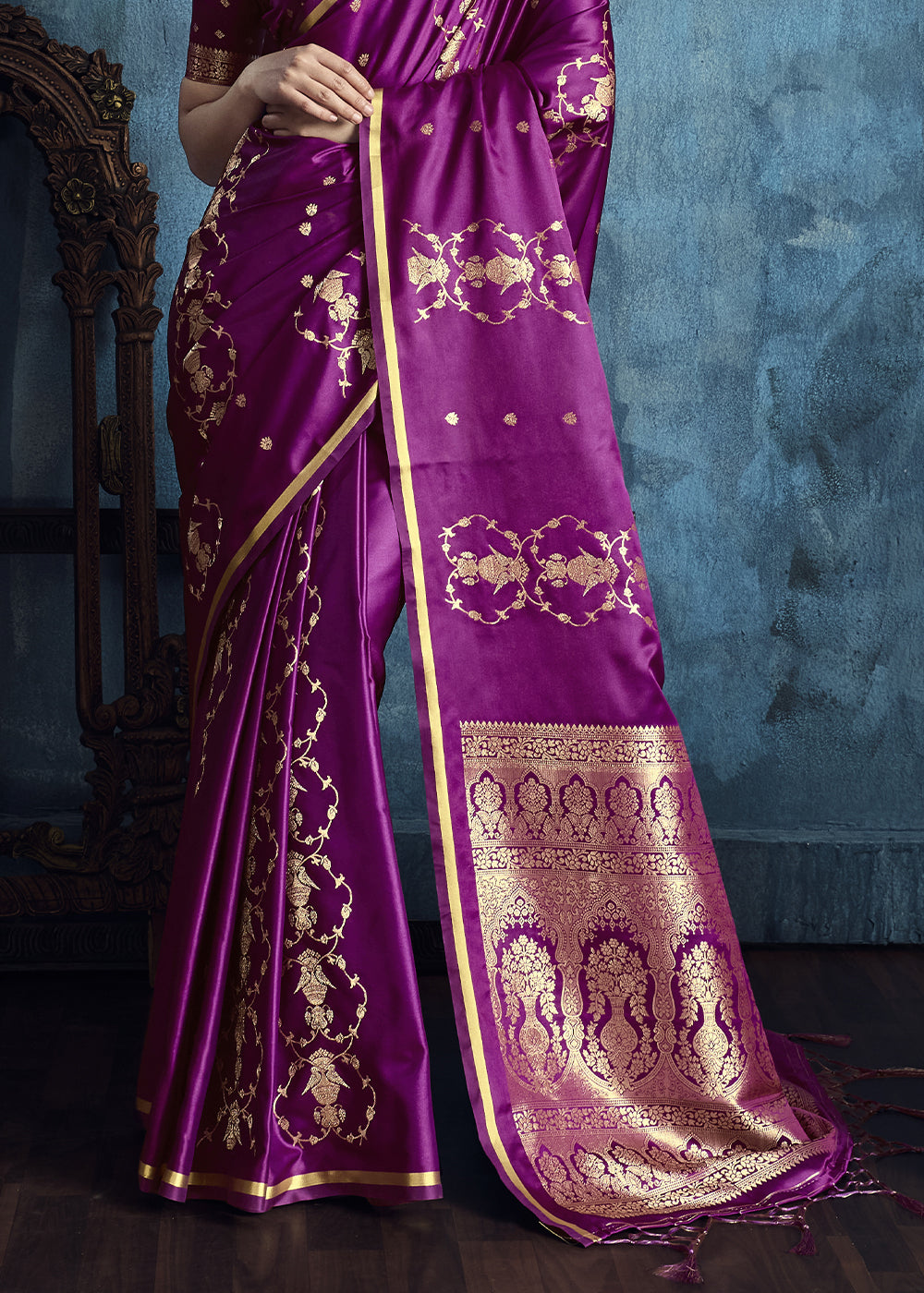 Magenta Satin Silk Saree with Zari Weaving