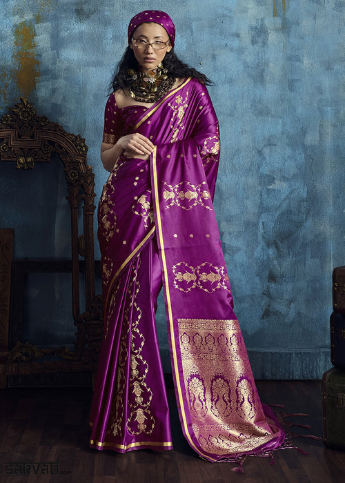 Magenta Satin Silk Saree with Zari Weaving