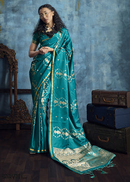 Turquoise Satin Silk Saree with Zari Weaving