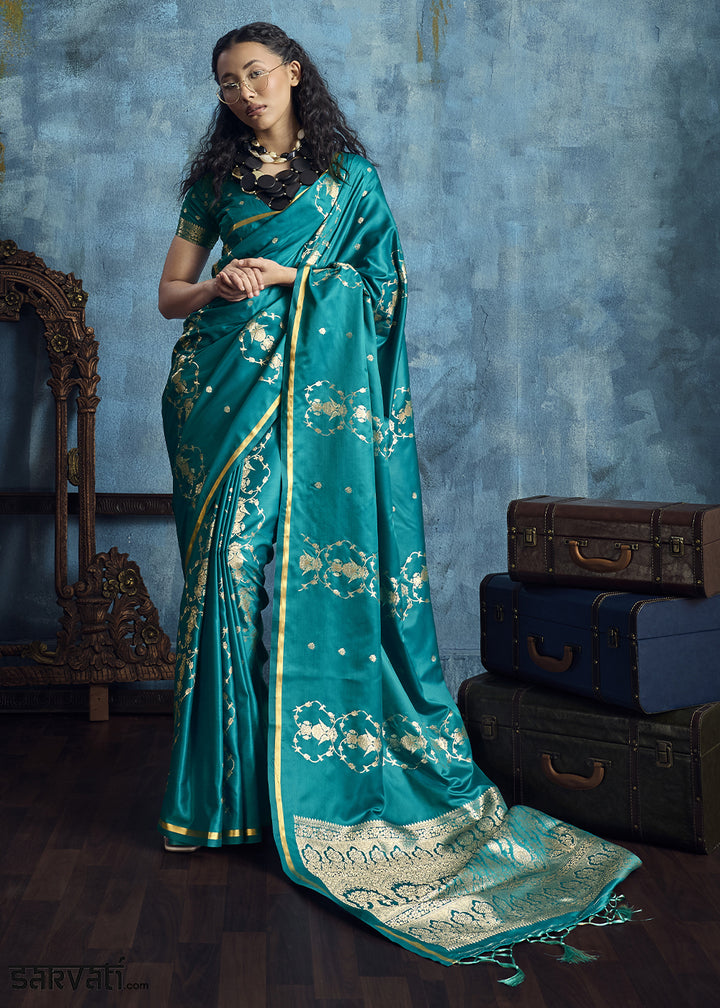 Turquoise Satin Silk Saree with Zari Weaving