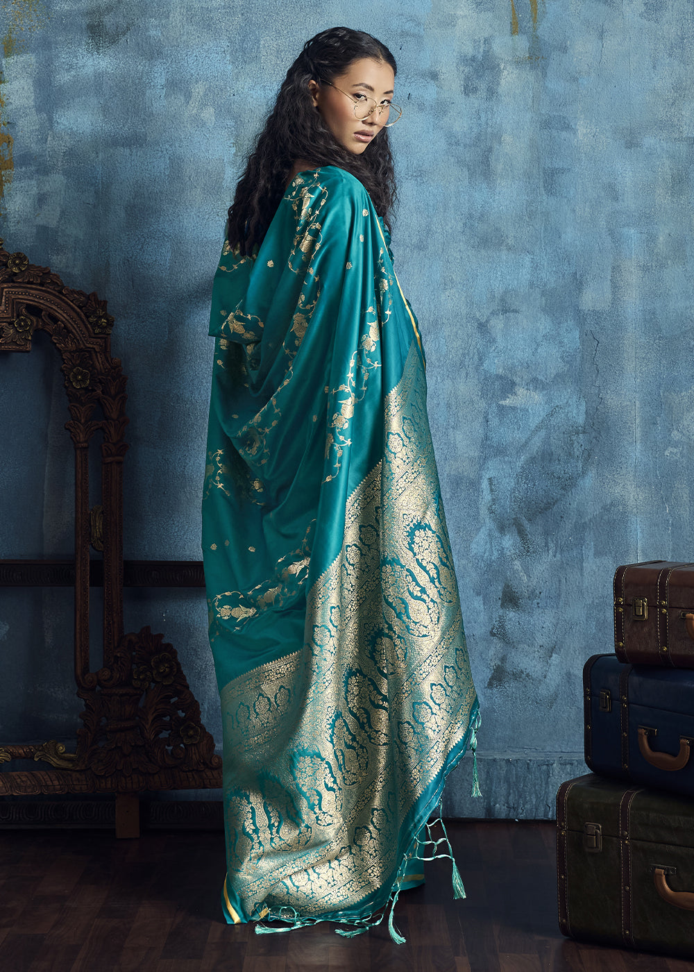 Turquoise Satin Silk Saree with Zari Weaving