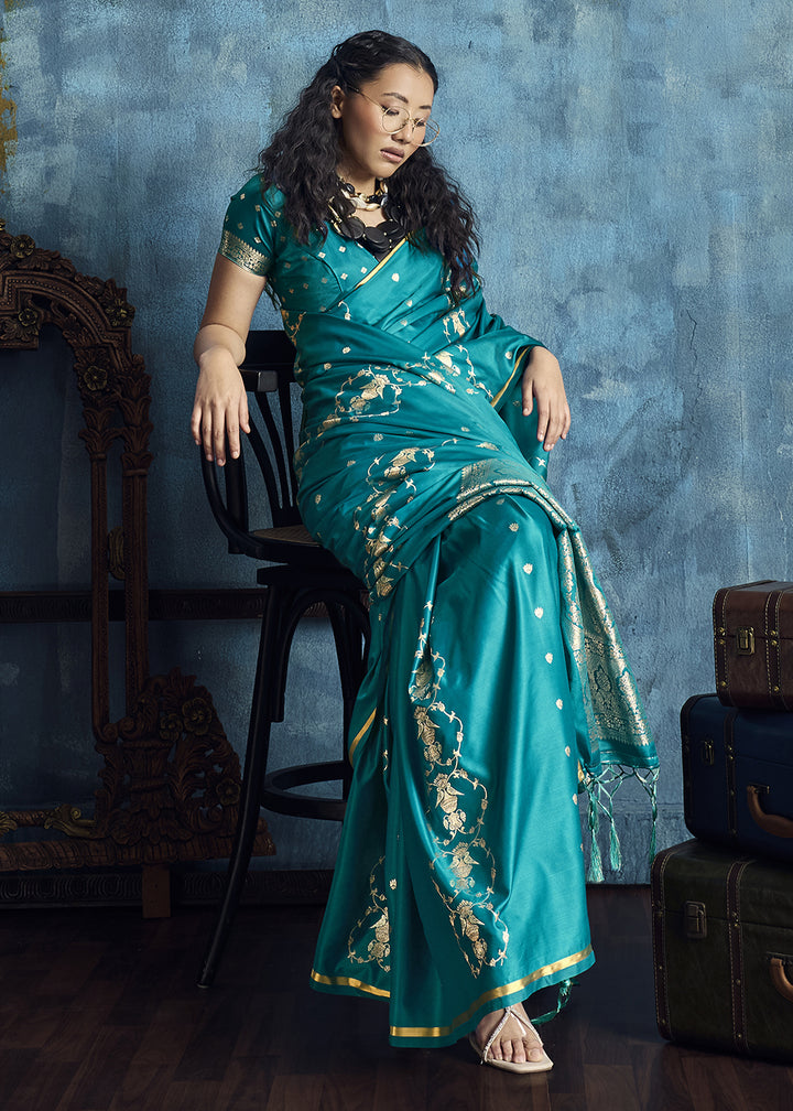 Turquoise Satin Silk Saree with Zari Weaving