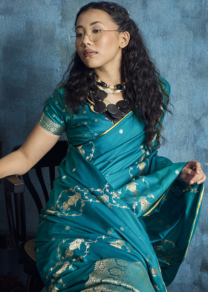 Turquoise Satin Silk Saree with Zari Weaving