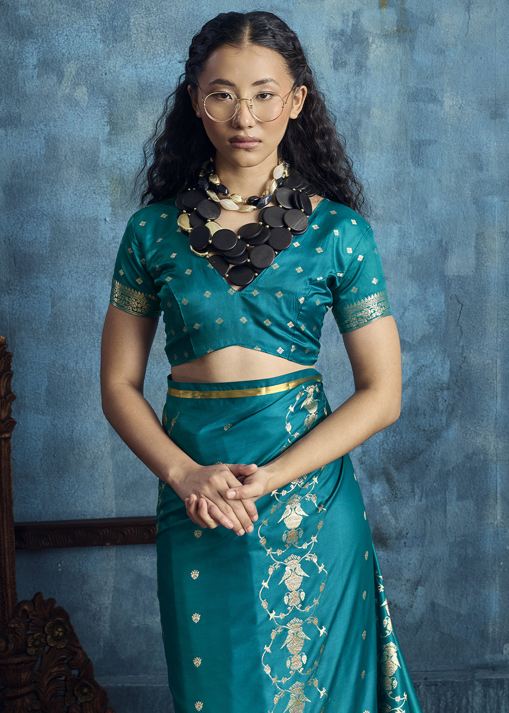 Turquoise Satin Silk Saree with Zari Weaving