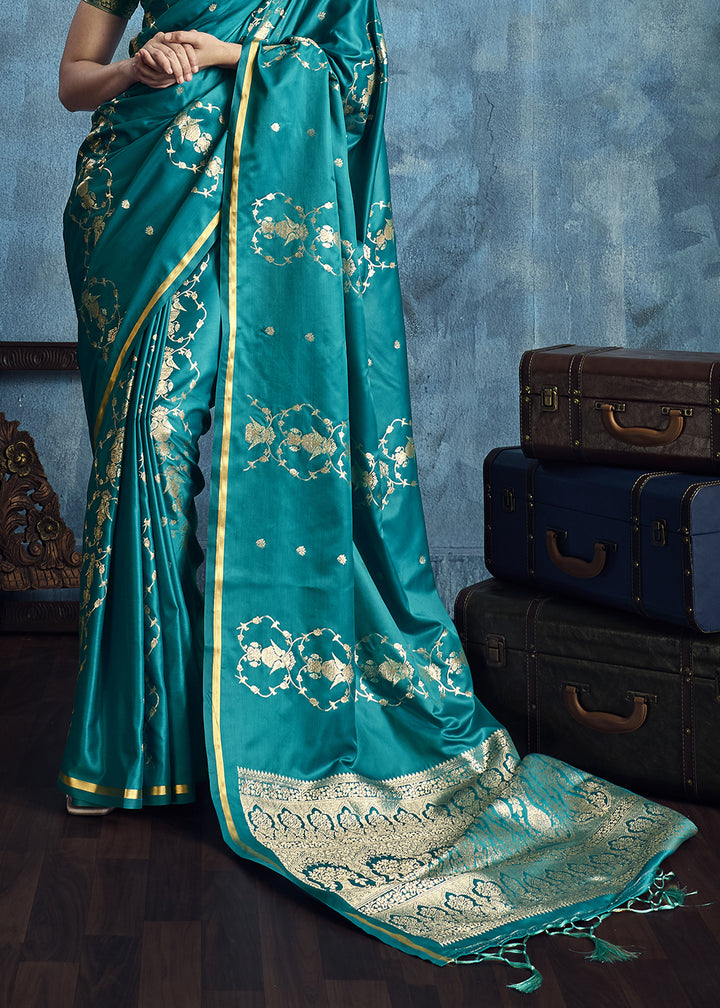 Turquoise Satin Silk Saree with Zari Weaving