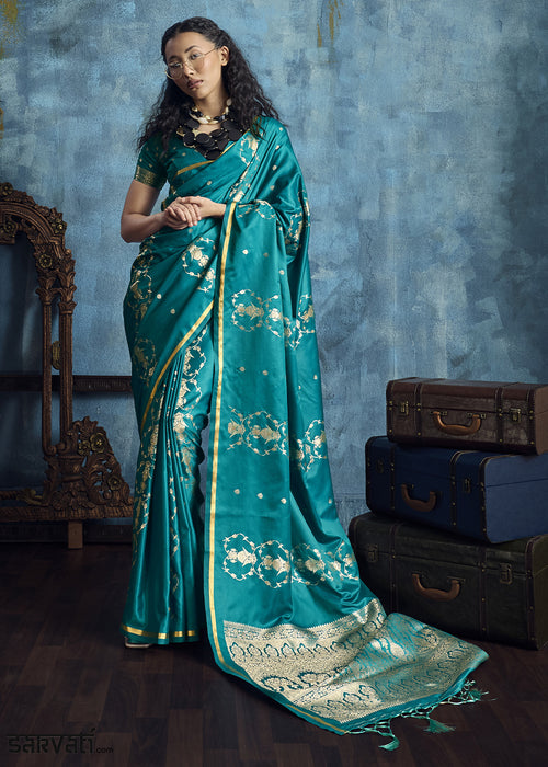 Turquoise Satin Silk Saree with Zari Weaving