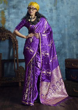 Violet Satin Silk Saree with Zari Weaving
