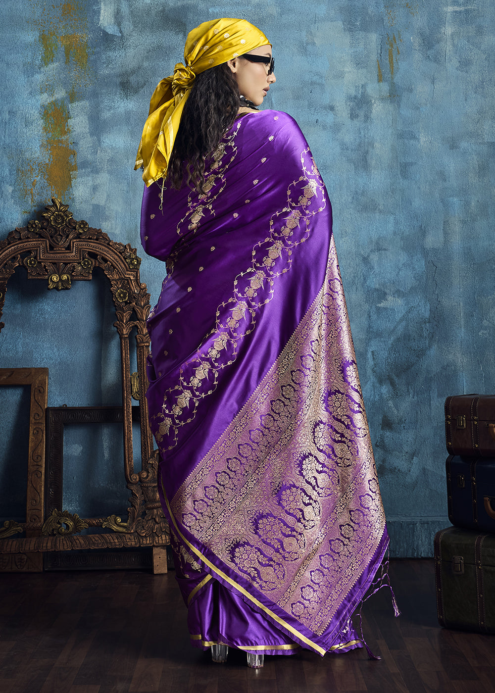 Violet Satin Silk Saree with Zari Weaving