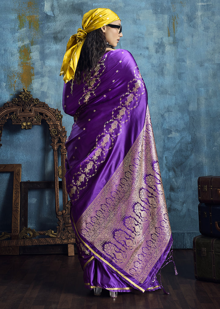 Violet Satin Silk Saree with Zari Weaving
