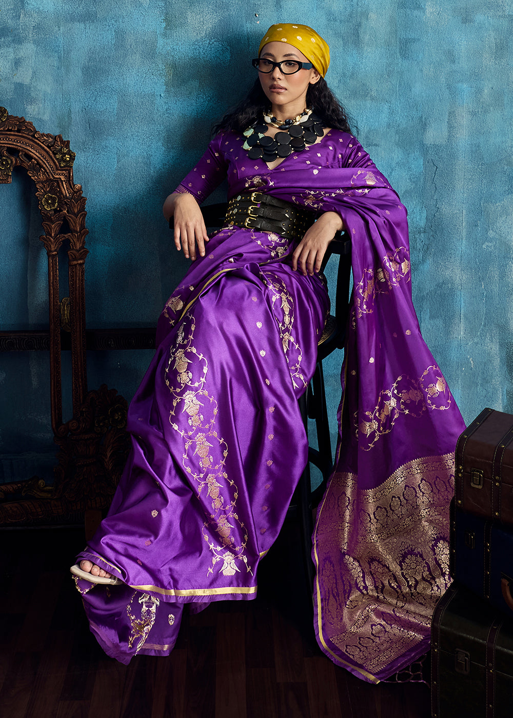 Violet Satin Silk Saree with Zari Weaving