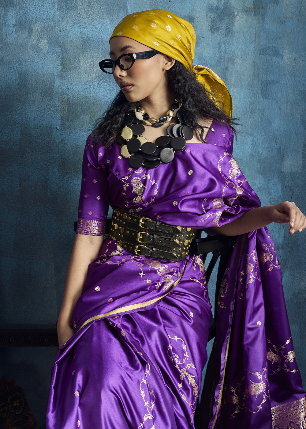 Violet Satin Silk Saree with Zari Weaving