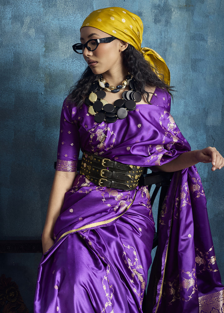 Violet Satin Silk Saree with Zari Weaving