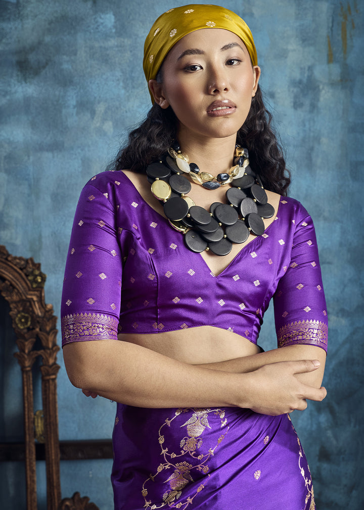 Violet Satin Silk Saree with Zari Weaving