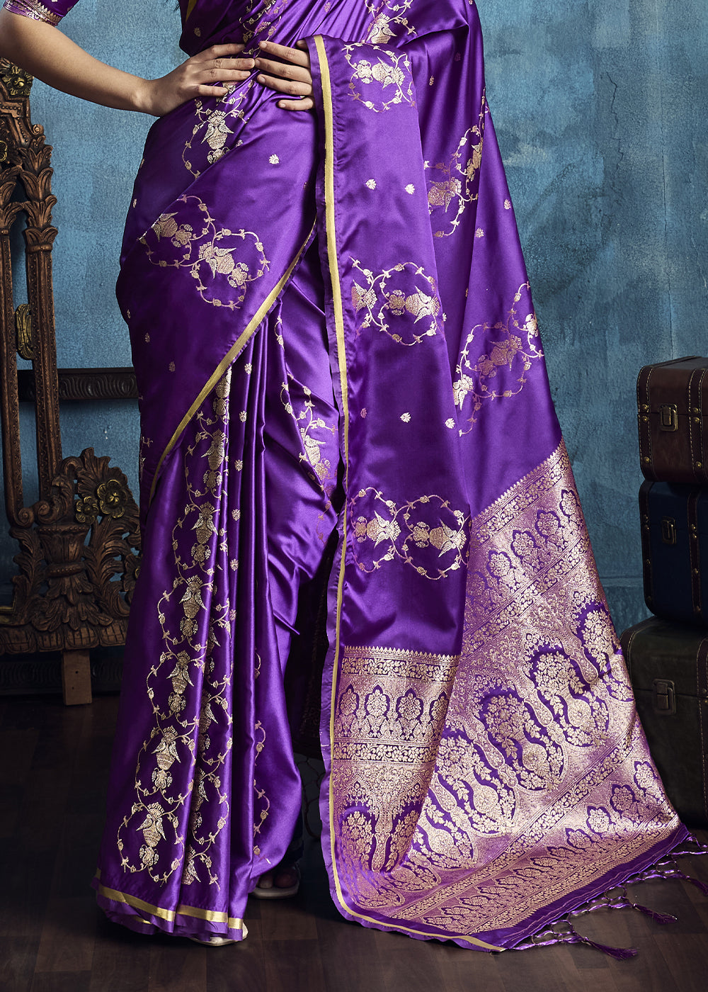 Violet Satin Silk Saree with Zari Weaving