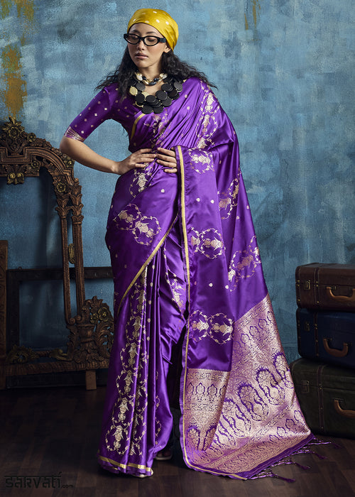 Violet Satin Silk Saree with Zari Weaving