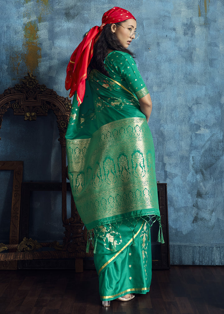 Sea Green Satin Silk Saree with Zari Weaving