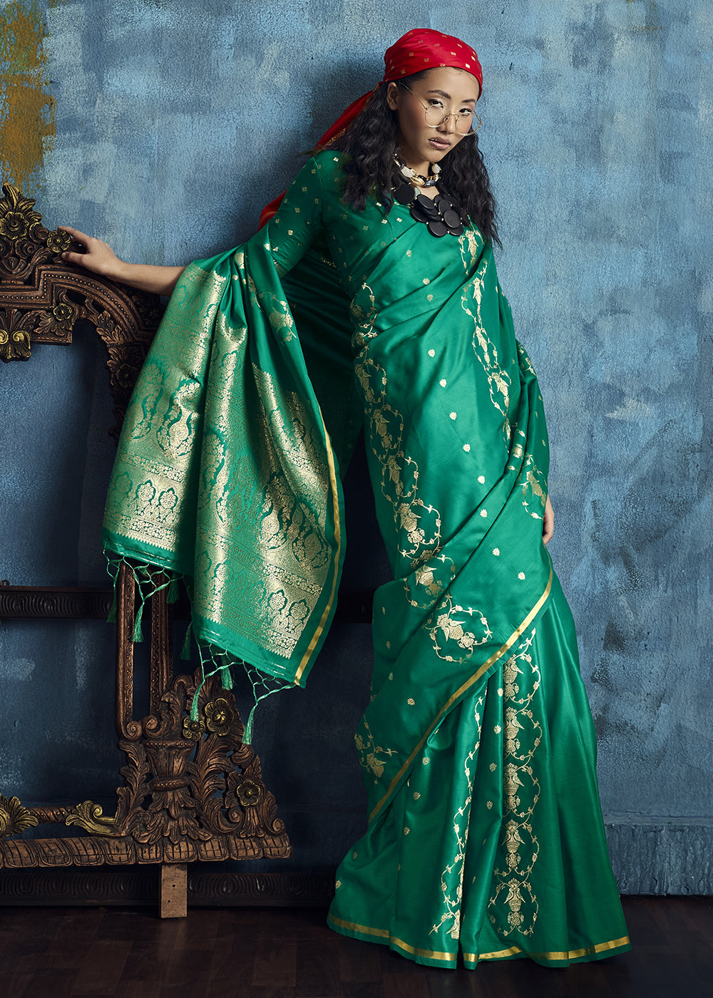 Sea Green Satin Silk Saree with Zari Weaving