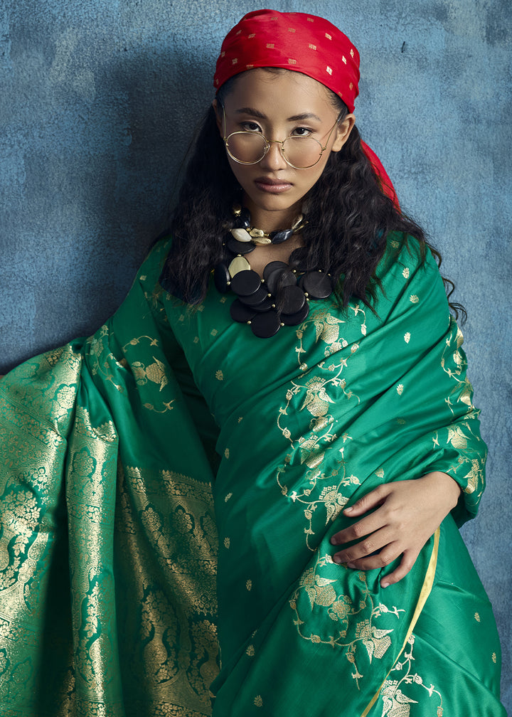 Sea Green Satin Silk Saree with Zari Weaving