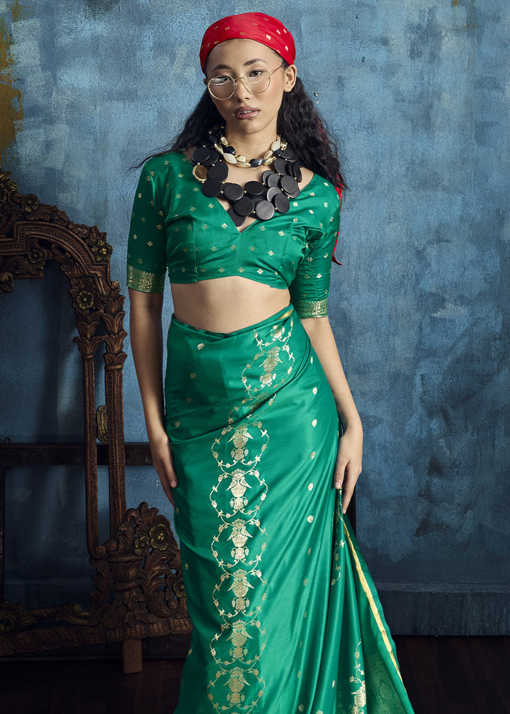 Sea Green Satin Silk Saree with Zari Weaving