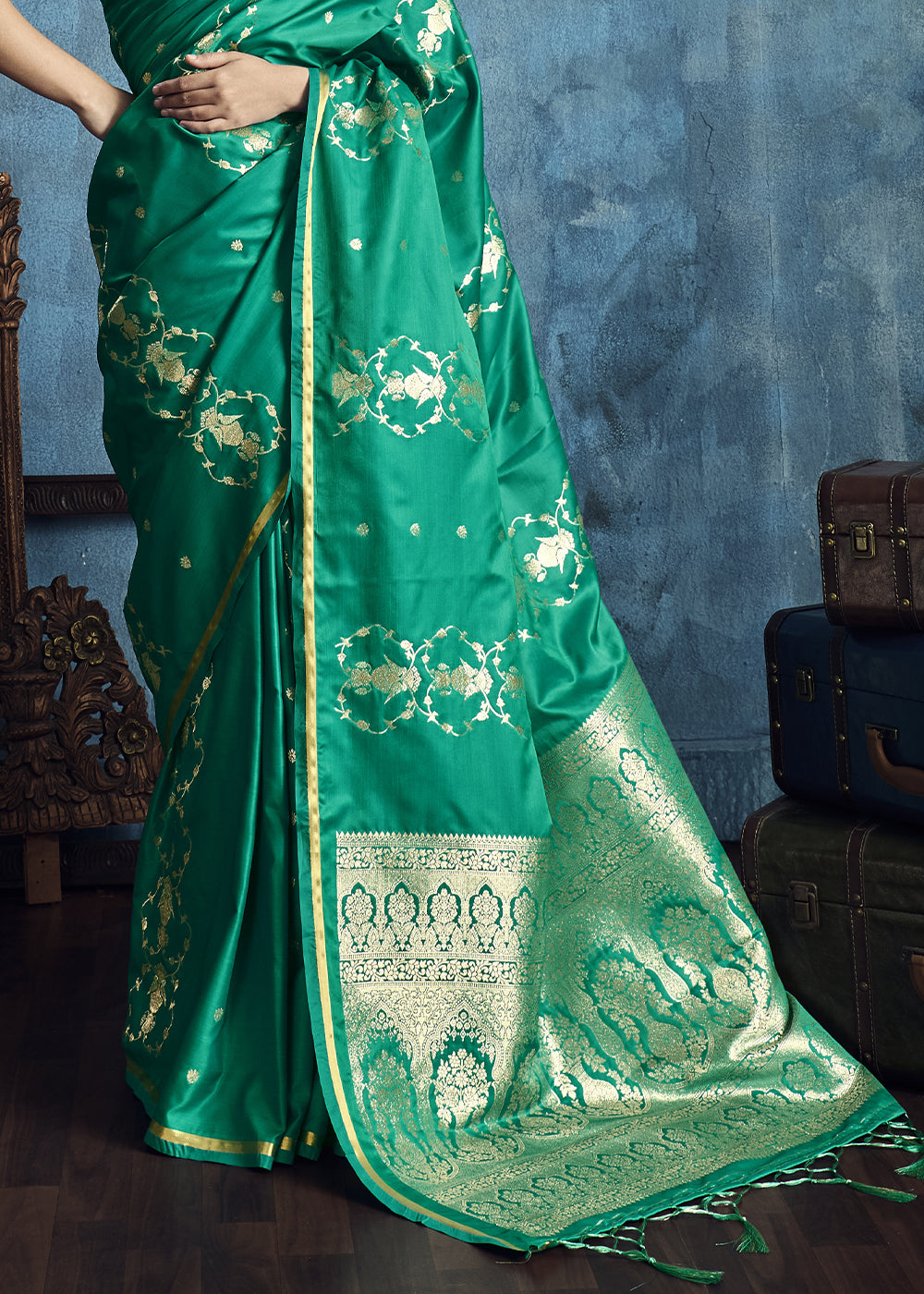 Sea Green Satin Silk Saree with Zari Weaving