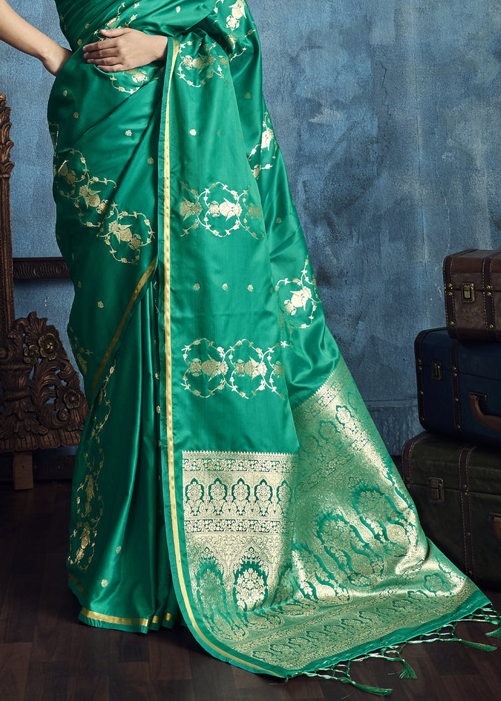 Sea Green Satin Silk Saree with Zari Weaving