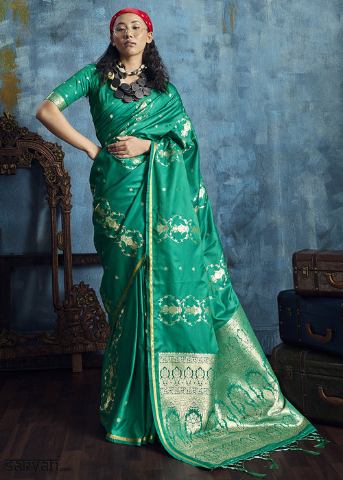 Sea Green Satin Silk Saree with Zari Weaving