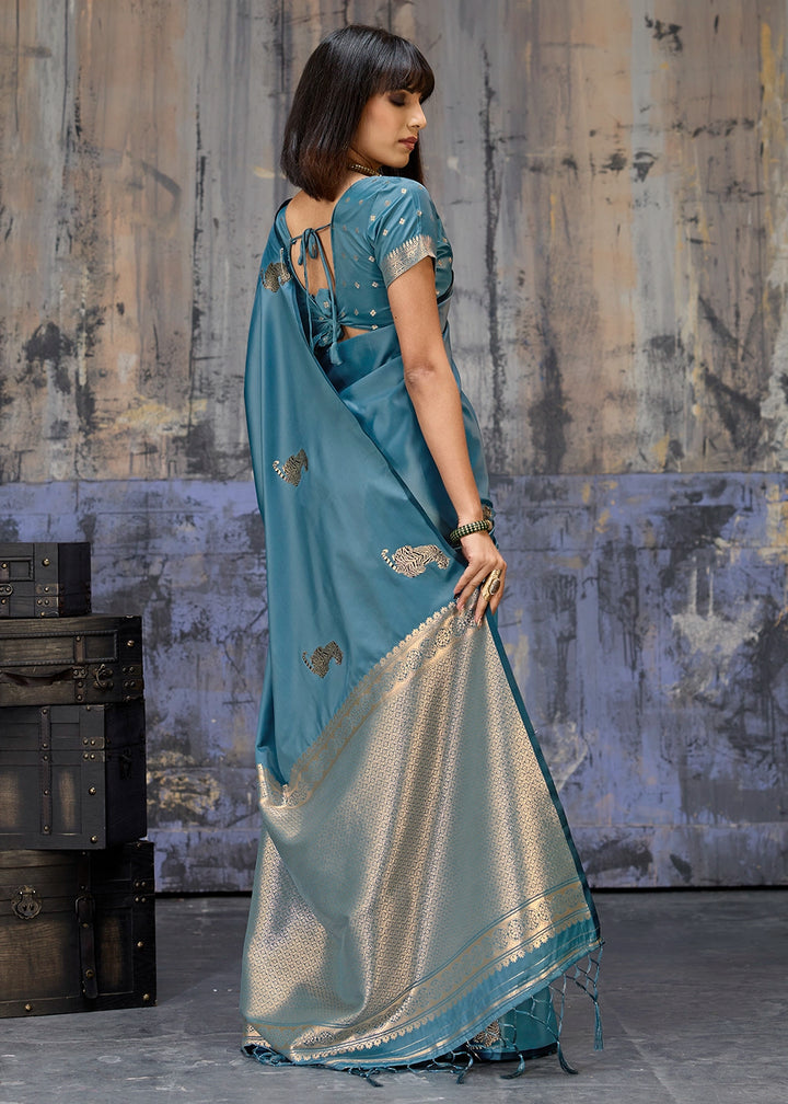 Ltten Blue Satin Silk Handloom Woven Saree with Tiger Butti