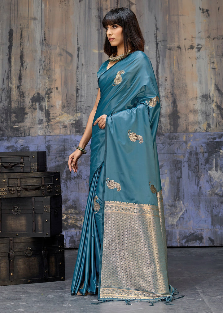 Ltten Blue Satin Silk Handloom Woven Saree with Tiger Butti