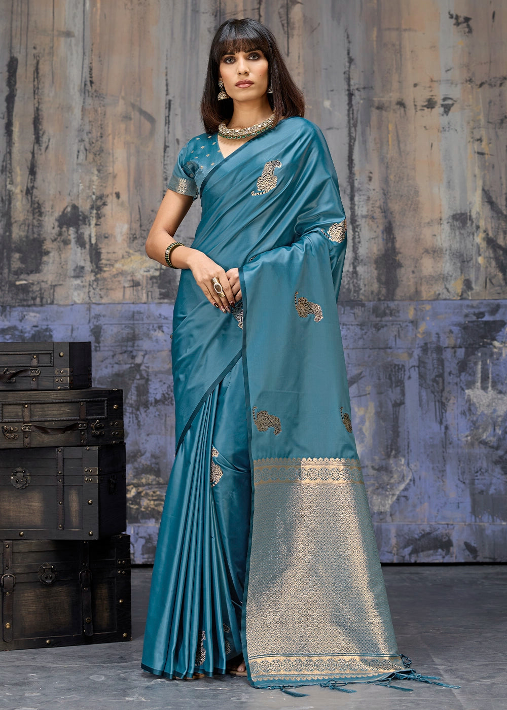 Ltten Blue Satin Silk Handloom Woven Saree with Tiger Butti
