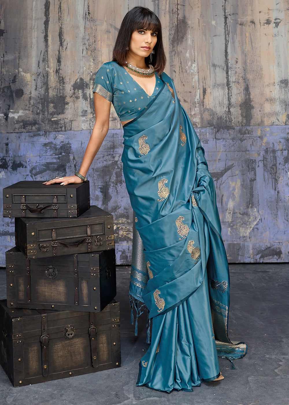Ltten Blue Satin Silk Handloom Woven Saree with Tiger Butti