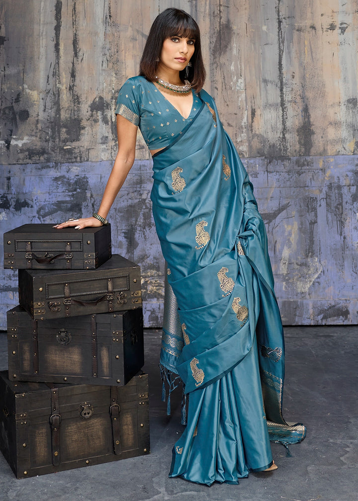 Ltten Blue Satin Silk Handloom Woven Saree with Tiger Butti
