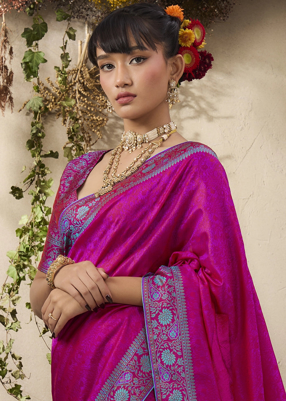 Magenta Pink Silk Saree with Tanchoi Zari Weaving Border