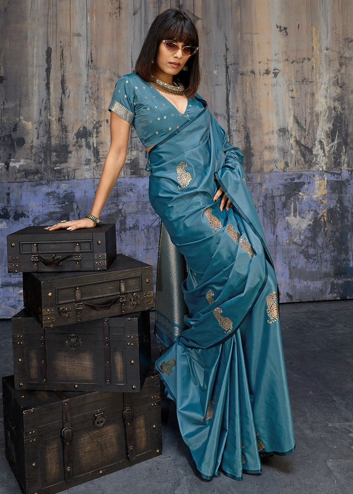 Ltten Blue Satin Silk Handloom Woven Saree with Tiger Butti