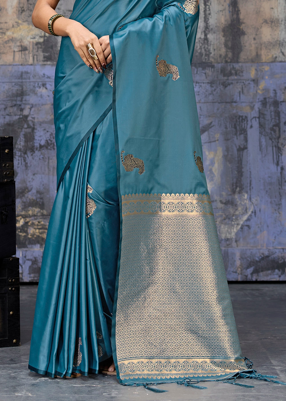 Ltten Blue Satin Silk Handloom Woven Saree with Tiger Butti