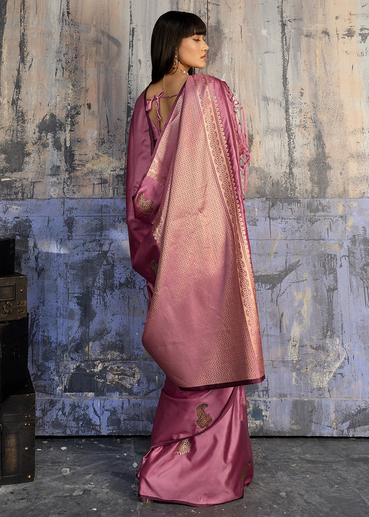 Hopbush Purple Satin Silk Handloom Woven Saree with Tiger Butti