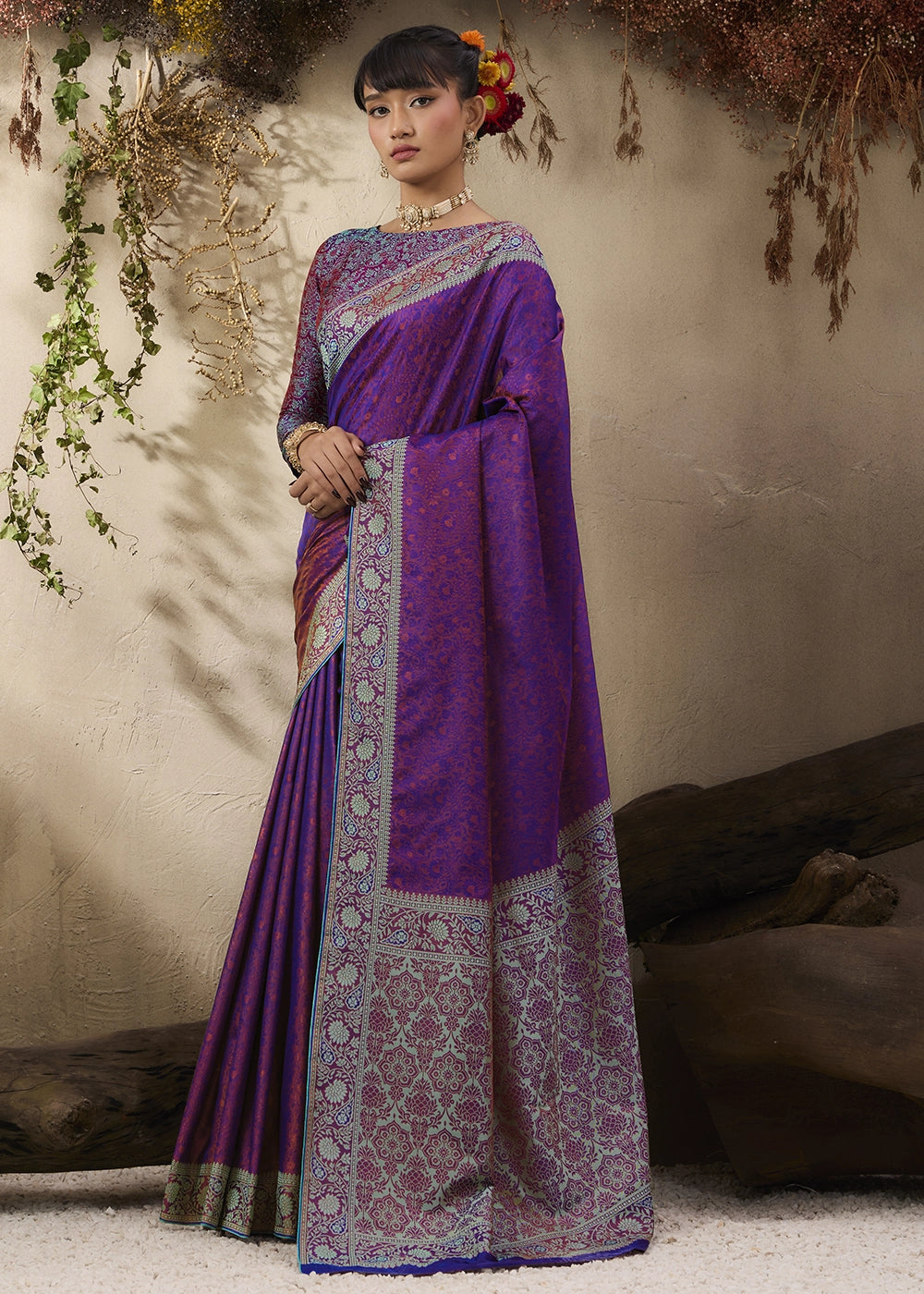 Grape Purple Silk Saree with Tanchoi Zari Weaving Border