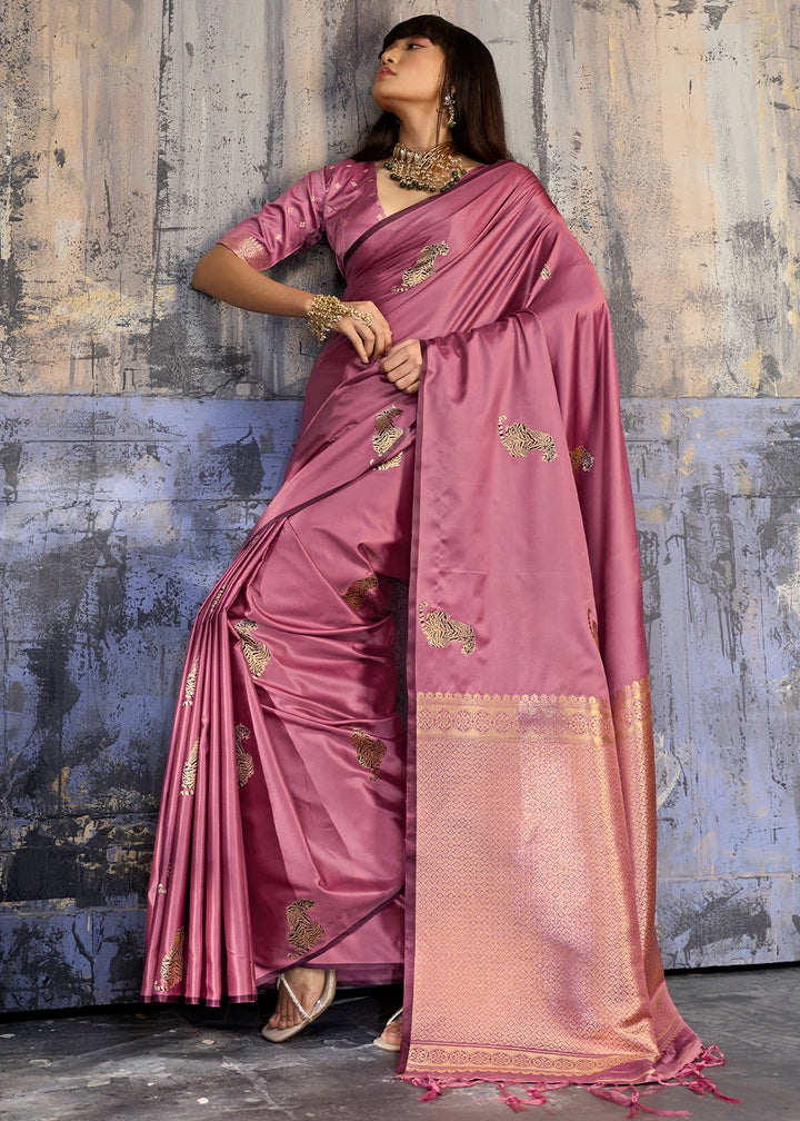 Hopbush Purple Satin Silk Handloom Woven Saree with Tiger Butti