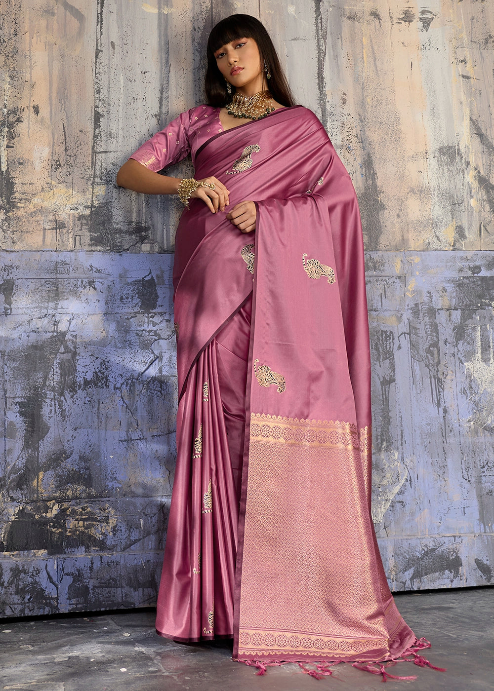 Hopbush Purple Satin Silk Handloom Woven Saree with Tiger Butti
