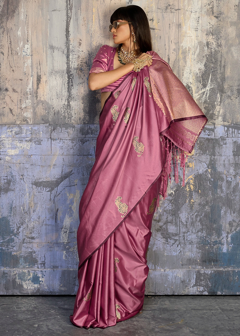 Hopbush Purple Satin Silk Handloom Woven Saree with Tiger Butti