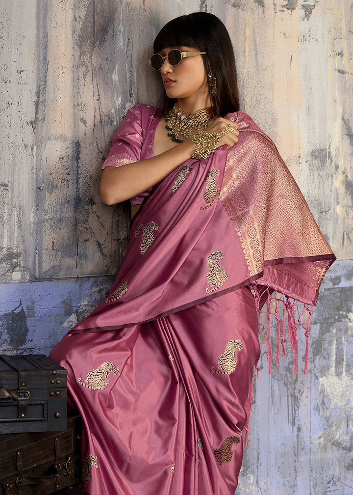 Hopbush Purple Satin Silk Handloom Woven Saree with Tiger Butti