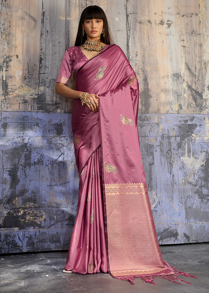 Hopbush Purple Satin Silk Handloom Woven Saree with Tiger Butti