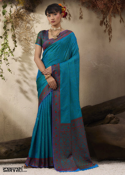 Ocean Blue Silk Saree with Tanchoi Zari Weaving Border