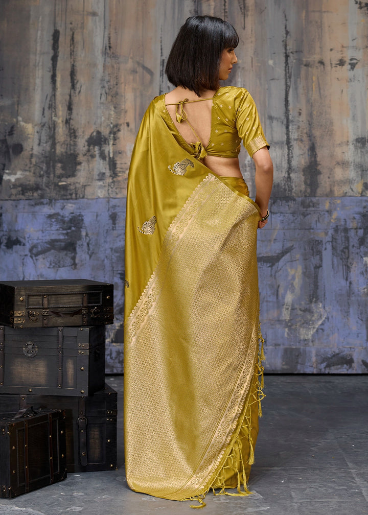 Dijon Yellow Satin Silk Handloom Woven Saree with Tiger Butti