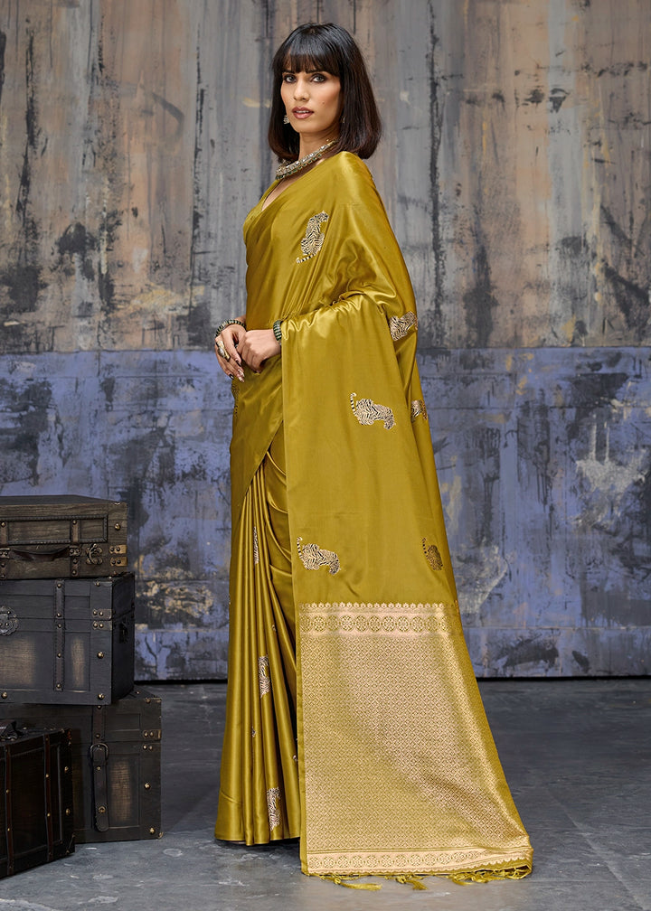 Dijon Yellow Satin Silk Handloom Woven Saree with Tiger Butti