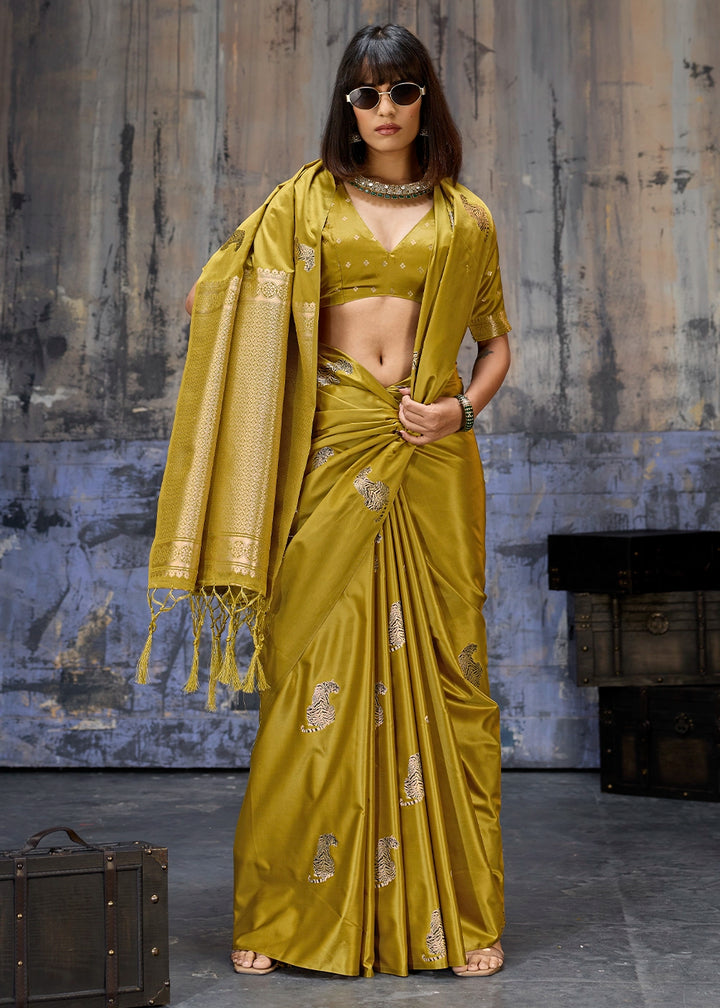 Dijon Yellow Satin Silk Handloom Woven Saree with Tiger Butti