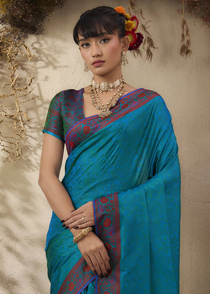 Ocean Blue Silk Saree with Tanchoi Zari Weaving Border