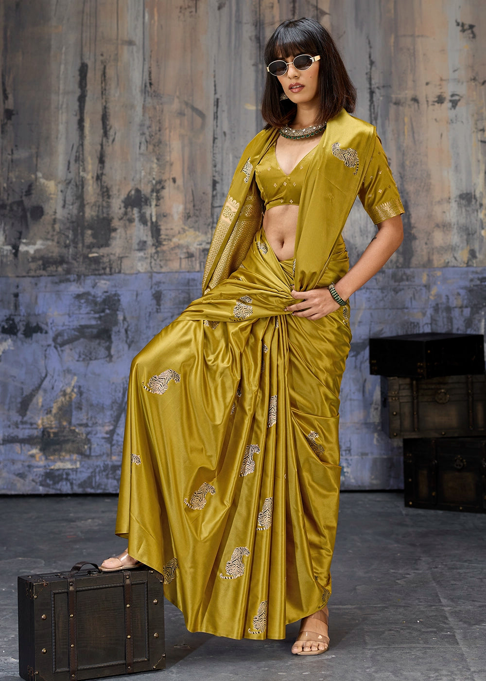 Dijon Yellow Satin Silk Handloom Woven Saree with Tiger Butti